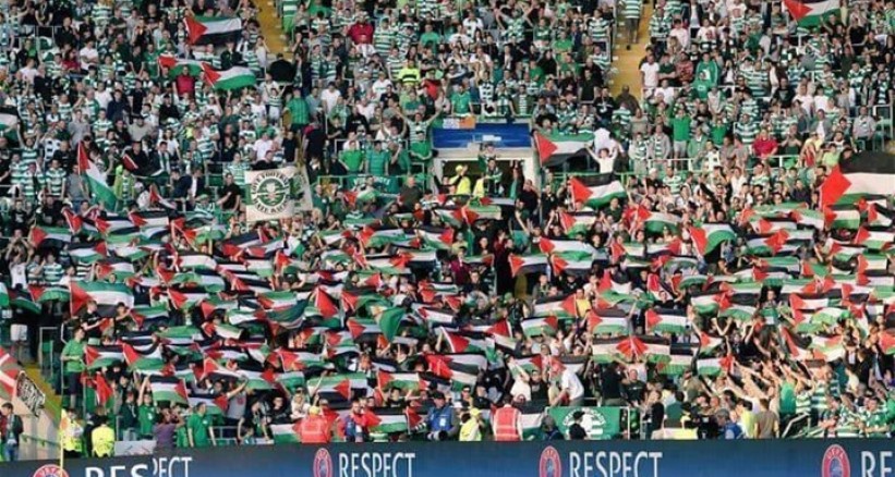 جمهور نادي اسكتلندي يرفعون الأعلام الفلسطينية أمام فريق الاسرائيلي
