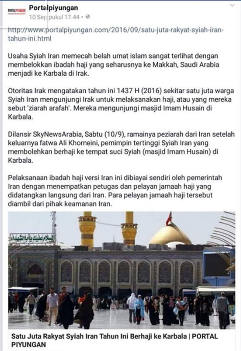 Tebar Berita Hoax di Hari Raya, Portal Piyungan dan Indosiar Sebut Syiah Wukuf di Karbala