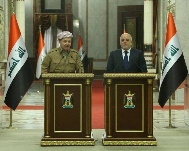 العبادي يستقبل البرزاني في بغداد ويبحث معه معركة تحرير الموصل