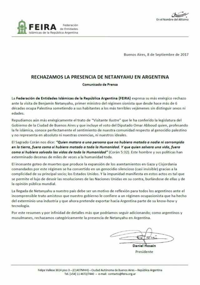 FEIRA: “Rechazamos la Presencia de Netanyahu en Argentina”