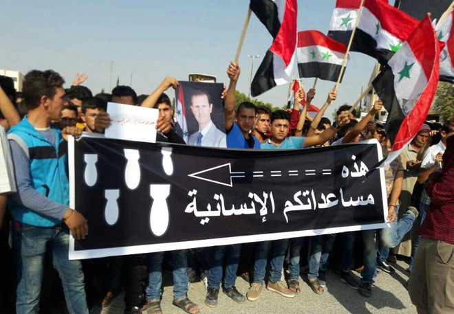 Protest in Aleppo’s al-Sfeira condemning US-led coalition’s massacres against civilians / Pics