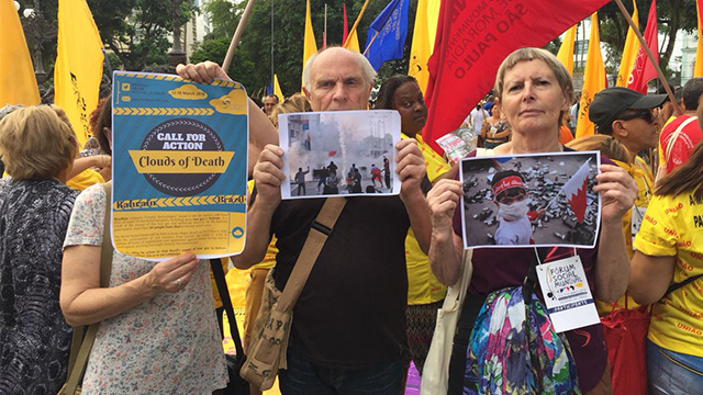 Activists show support for campaign urging Brazil to halt tear gas sales to Bahrain