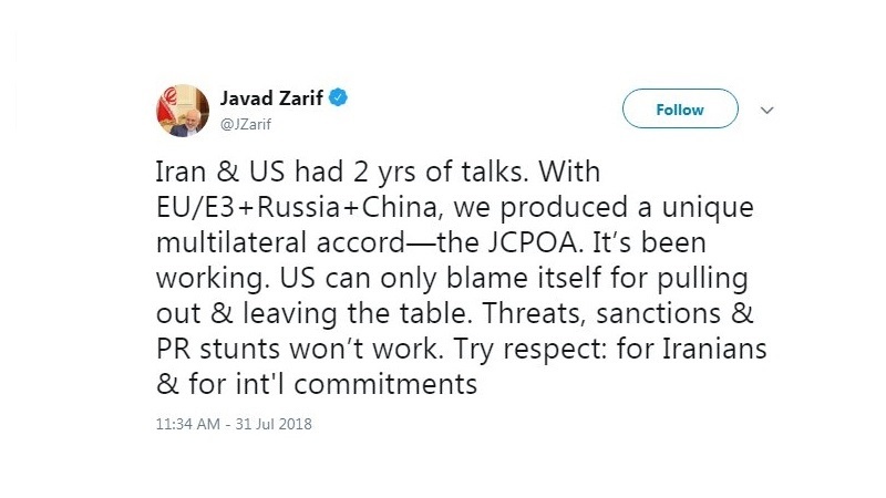  イラン外相、トランプ大統領に「脅迫、制裁、プロパガンダ芸は効果がない」
