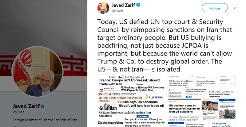  Zarif constate un «effet boomerang» des sanctions US visant l’Iran