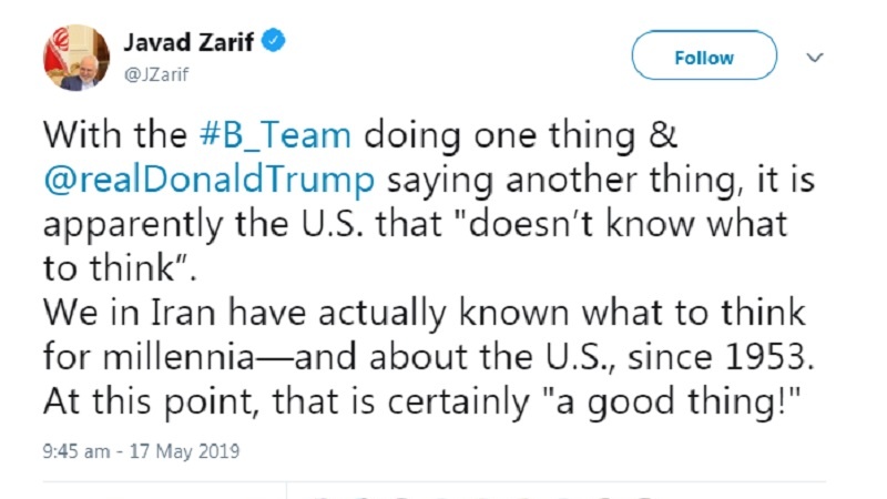 Iran, Zarif: Trump dice una cosa e “B-Team” un'altra