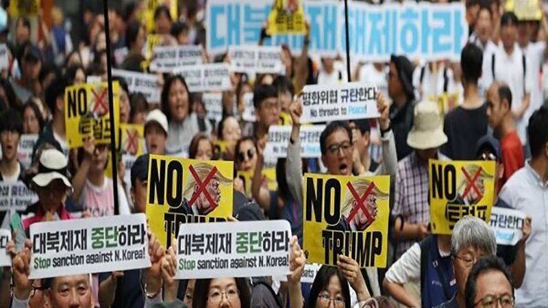 韓国市民が、米大統領の訪韓に抗議