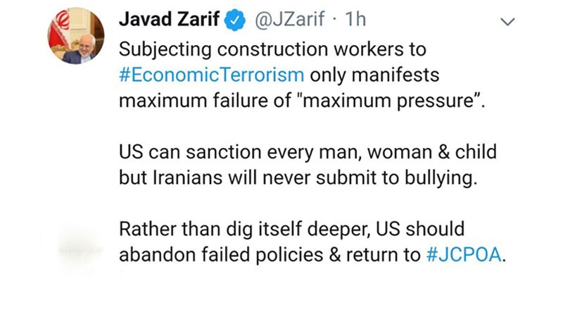 イラン外相、「イラン国民は、決して専横さに屈しない」