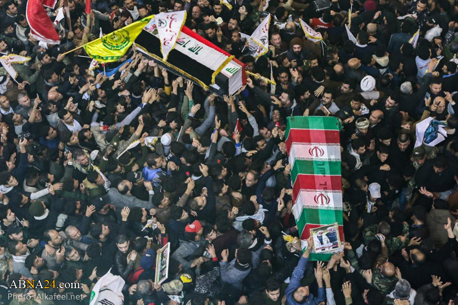 تقرير مصور/ جماهير غفيرة تشارك في تشييع جثماني الشهيد سليماني والمهندس في كربلاء المقدسة