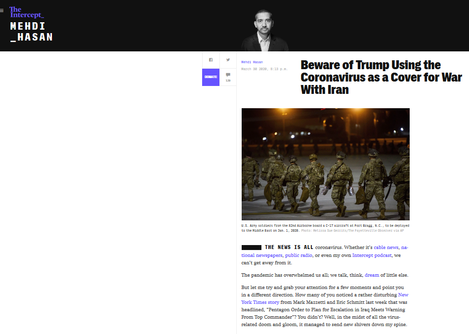 The Intercept: Trump utilise la Covid-19 comme couverture pour la guerre avec l’Iran