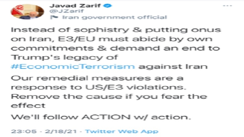 Zarif Avrupa Troyka'sına hitap etti: Eyleme eylemle karşılık veriyoruz