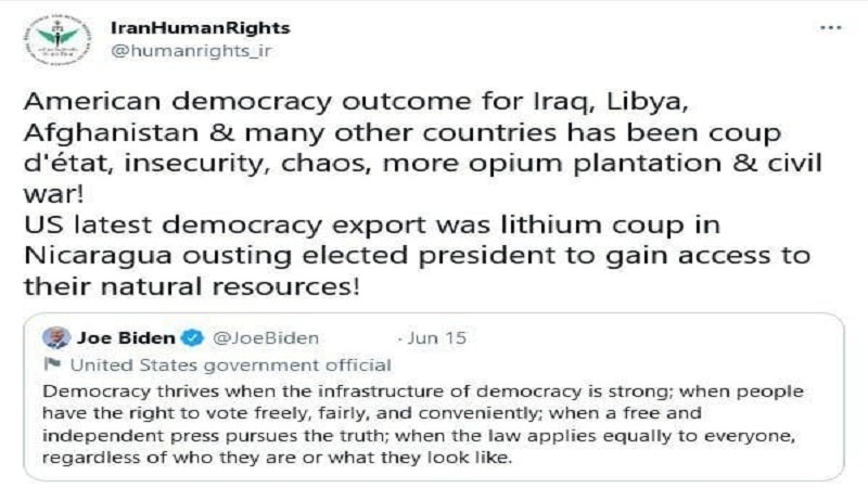 イラン人権本部、「米式民主主義の成果は”混乱”のみ」