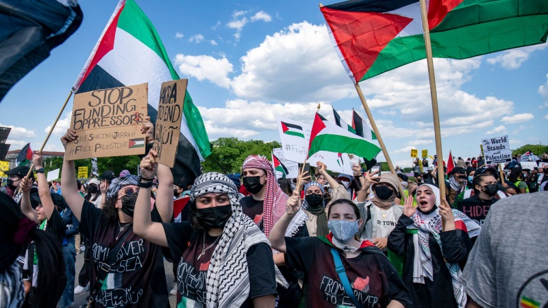米首都で、イスラエル支援停止を求めるデモ