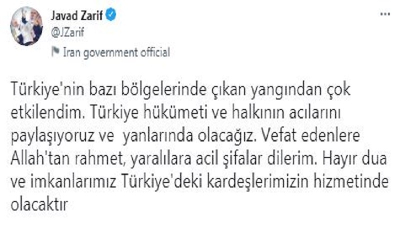 Zarif'ten Türkiye'ye başsağlığı mesajı