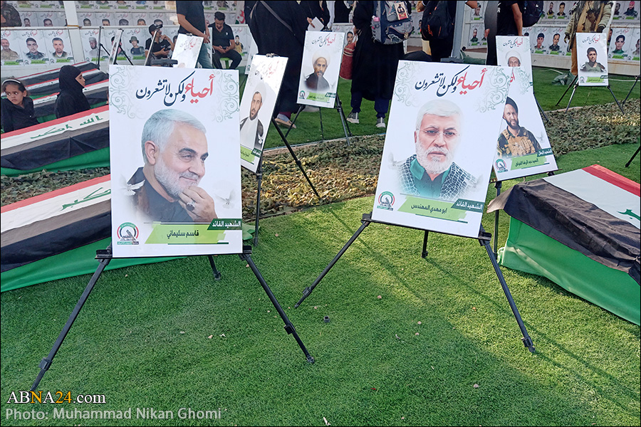 تصویری رپورٹ/ زائرین اربعین کے راستے میں شہدائے حشد الشعبی کی نمائش