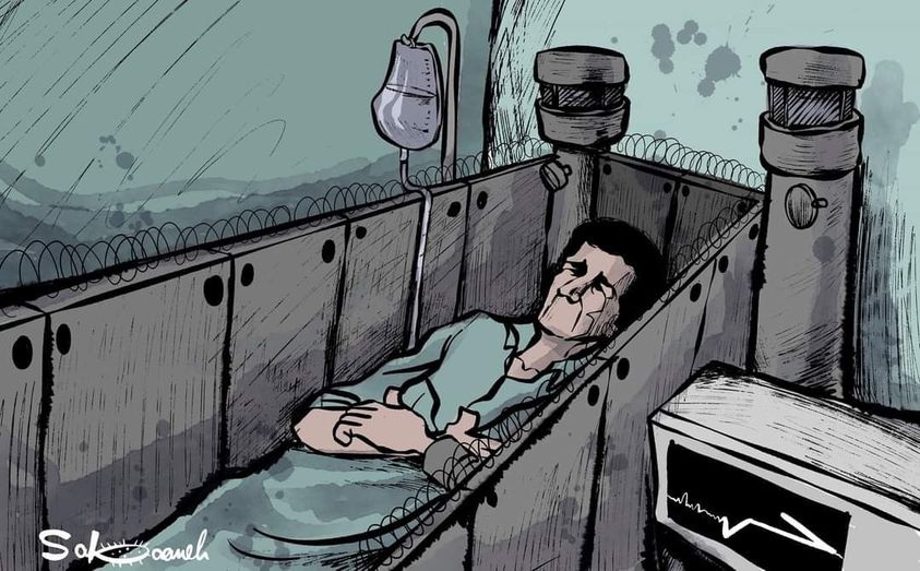 Caricature : 6 prisonniers palestiniens en grève de la faim dans les prisons israéliennes, trois depuis plus de 100 jours