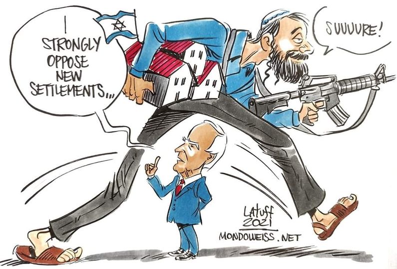 Cartoon: Israeli enemy maintaining its colonial settlement activities in Palestine despite Joe Biden's call for immediate halt