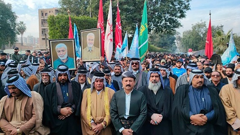عراقی عوام نے ایک بار پھر شہید قاسم سلیمانی اور ابومہدی المہندس کے ساتھ تجدید عہد کیا
